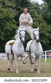 KLADRUBY NAD LABEM, CZECH REPUBLIC - JUNE 28: Man On A Horse Shows An Example Of Traditional Hungarian Horsemanship At Show On June 28, 2008 In Kladruby Nad Labem, Czech Republic