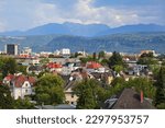 Klagenfurt city skyline in Austria. Karawanks Alps range in background.