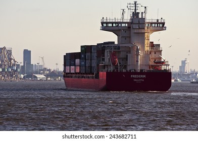KLAIPEDA,LITHUANIA-DEC 16:Containership FREDERIK in port Klaipeda on December 16,2011 in Klaipeda,Lithuania.