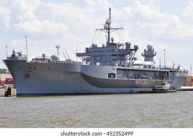 KLAIPEDA,LITHUANIA-JULY 02:military Ship USS Mount Whitney In Port On July 02,2016 In Klaipeda,Lithuania.He Is A Blue Ridge Class Command Ship Of The US Navy; It Is The Flagship Of The Sixth Fleet.