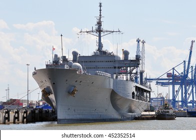 KLAIPEDA,LITHUANIA-JULY 02:military Ship USS Mount Whitney In Port On July 02,2016 In Klaipeda,Lithuania.He Is A Blue Ridge Class Command Ship Of The US Navy; It Is The Flagship Of The Sixth Fleet.