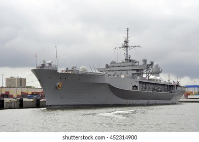 KLAIPEDA,LITHUANIA-JULY 03:military Ship USS Mount Whitney In Port On July 03,2016 In Klaipeda,Lithuania.He Is A Blue Ridge Class Command Ship Of The US Navy; It Is The Flagship Of The Sixth Fleet.