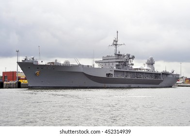 KLAIPEDA,LITHUANIA-JULY 03:military Ship USS Mount Whitney In Port On July 03,2016 In Klaipeda,Lithuania.He Is A Blue Ridge Class Command Ship Of The US Navy; It Is The Flagship Of The Sixth Fleet.