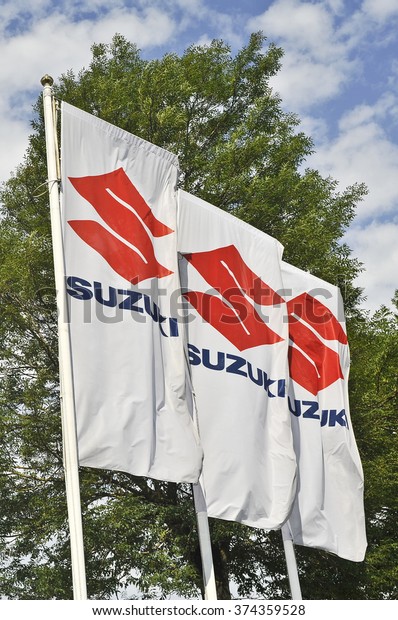 KLAIPEDA,LITHUANIA-JULY 08:flag of Suzuki on\
July 08,2015 in Klaipeda,Lithuania. Suzuki Motor Corporation is a\
Japanese multinational\
corporation.
