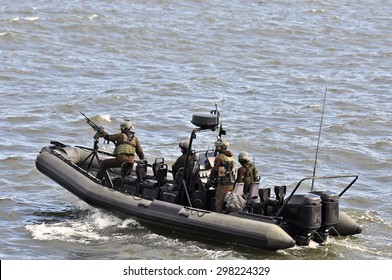 KLAIPEDA,LITHUANIA-JULY 17:military Boat Patrolling In Port Klaipeda On July 17,2015 In Klaipeda,