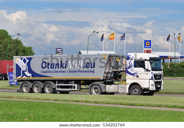 KLAIPEDA,LITHUANIA-JUNE 29:MAN truck\
on the route on June 29,2015 in\
Klaipeda,Lithuania.
