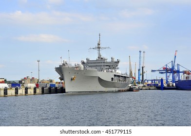 KLAIPEDA,LITHUANIA-JUNE 30:military Ship USS Mount Whitney In Port  On June 30,2016 In Klaipeda,Lithuania.He Is A Blue Ridge Class Command Ship Of The US Navy; It Is The Flagship Of The Sixth Fleet.