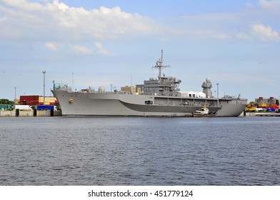 KLAIPEDA,LITHUANIA-JUNE 30:military Ship USS Mount Whitney In Port  On June 30,2016 In Klaipeda,Lithuania.He Is A Blue Ridge Class Command Ship Of The US Navy; It Is The Flagship Of The Sixth Fleet.