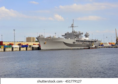 KLAIPEDA,LITHUANIA-JUNE 30:military Ship USS Mount Whitney In Port  On June 30,2016 In Klaipeda,Lithuania.He Is A Blue Ridge Class Command Ship Of The US Navy; It Is The Flagship Of The Sixth Fleet.