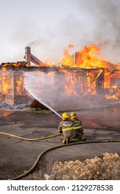 Klamath Falls, Oregon USA 12-8-2020: Firefighters Conduct Structural Fire Training On A Burn To Learn Scenario.