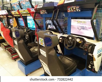 Klang , Malaysia - 11th October 2017 : Closeup Video Game Car Racer Machines For Kids Section In Shopping Mall.