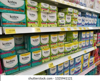 Klang, Malaysia - 23 February 2019:Aisle View Kotex On Shelf In Supermarket With Selective Focus.Kotex Is A Brand Of Feminine Hygiene Products Which Includes The Kotex Maxi, Thin And Ultra Thin Pads. 