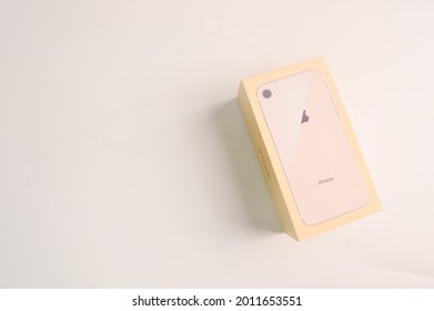 Klang, Malaysia: July 20, 2021- New apple iphone 8 box isolated on white background. Copy space.