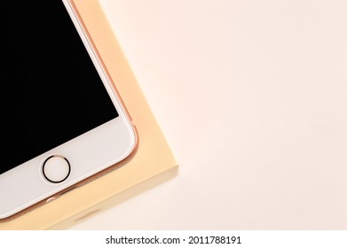 Klang, Malaysia: July 20, 2021- Close up view of iphone 8 image and box isolated on white background