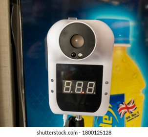 Klang,Malaysia: 21st August 2020- Close Up View Of Digital Infrared Termometer At The Restaurant.