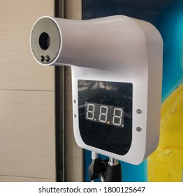 Klang,Malaysia: 21st August 2020- Close Up View Of Digital Infrared Termometer At The Restaurant.