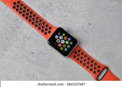 Klang,Malaysia:1st December 2020- Top view of Apple Watch 4 Nike Edition which just Launched on November 11,2018. Isolated on a white background. Modern technology.