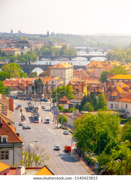 Klarov and Vltava River Bridges. View from\
Chotek Gardens, Prague, Czech\
Republic.