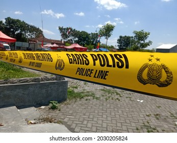 
Klaten, Indonesia - August 11, 2021: Police Line, Don't Cross In Covid-19 Volunteer Area