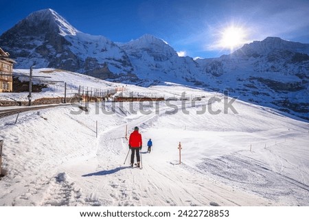 Kleine Scheidegg ski area and Eigergletscher alpine railway to Jungrafujoch peak view, Berner Oberland region of Switzerland