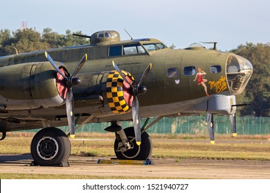 KLEINE-BROGEL, BELGIUM - SEP 14, 2019: Boeing B-17 Flying Fortress US Air Force WW2 Bomber Plane Onthe Tarmac Of Kleine-Brogel Airbase.