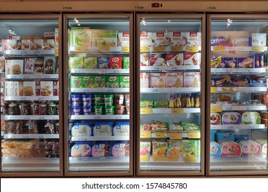 KLIA2, MALAYSIA - 24 OCT 2019: Interior view of huge glass freezer with various brand local and imported frozen food in Jaya Grocery store.   