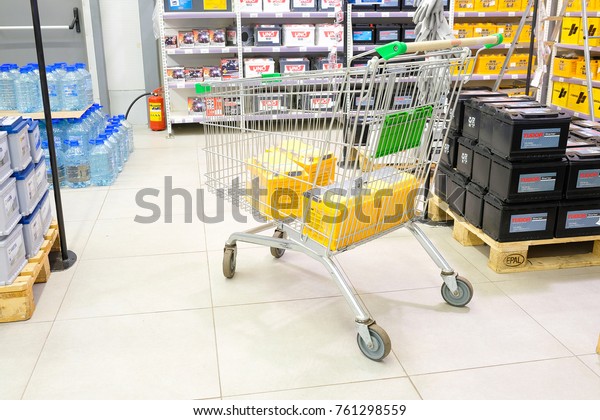 Klimovsk, Moscow\
region, Russsia - October, 16, 2017: shop trolley in the car\
components shop in Klimovsk,\
Russia