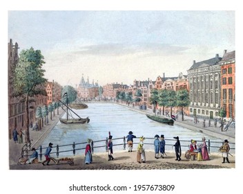 Kloveniersburgwal In Amsterdam, Vintage Engraving.