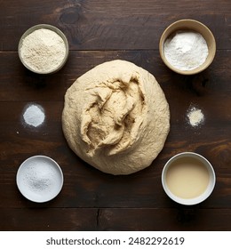 kneaded dough and ingredients for making bread on a brown wooden table - Powered by Shutterstock