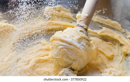 Kneading Dough In Mixing Bowl, Close Up Butter And Flour