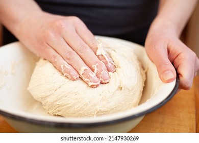 Kneading homemade yeast dough in a bowl. Sourdough bread.