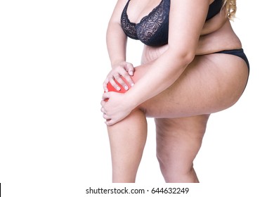 Knee Pain, Fat Woman With Joint Arthritis, Overweight Female Body Isolated On White Background With Red Spots