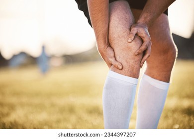 Knee pain, man with injury and exercise accident, athlete outdoor with cramps and muscle tension. Fitness, sports and male person with hands on leg, health crisis and rugby player with inflammation - Powered by Shutterstock