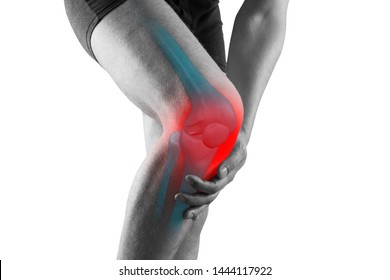 Knee Pain, Man With Legs Ache, Chiropractic Treatments Concept With Highlighted Skeleton, Isolated On White Background