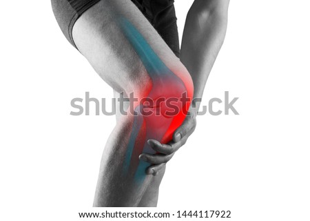 Knee pain, man with legs ache, chiropractic treatments concept with highlighted skeleton, isolated on white background