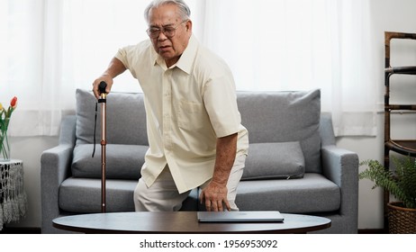 Knee Problem Of Senior, Has Leg Pain When Standing Up And Sitting Down During Old Age. Asian Senior Has Knee Pain After Stand Up And Sit Down In Living Room At Home.