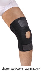 Knee Support Brace On Leg Isolated On White Background. Orthopedic Anatomic. Braces For Knee Fixation, Injuries And Pain. Knee Joint Bandage Sleeve. Elastic Sports.