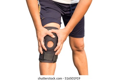 Knee Support Brace On Leg Isolated On White Background