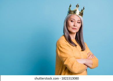 Kneel Before Queen. Photo Of Stunning Gorgeous Elegant Senior Lady Arrogant Look Smug Smile Crown Head Watching Servants Clean House Wear Yellow Jumper Bright Blue Color Background