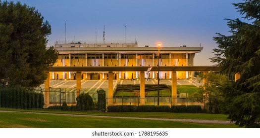 The Knesset building at dawn: seat of the legislative branch of the Israeli government, Israel’s equivalent of the House of Representatives and European Parliaments, located in Givat Ram, Jerusalem