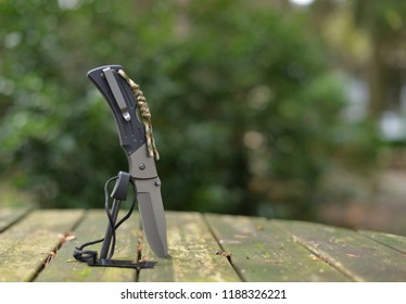 Knife And Fire Striker Ready For Survival Adventure In The Woods.