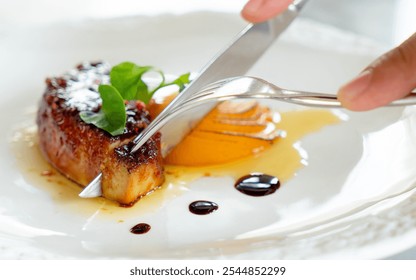 Knife and fork cutting piece of Foie Gras on white plate while having a meal. - Powered by Shutterstock