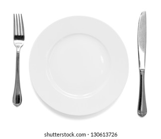 Knife And Fork With Plate Isolated On White Background