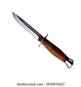 Cuchillo de acero Damasco con una manilla de madera sobre un fondo blanco aislado