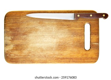 Knife On Chopping Board Isolated Over White Background