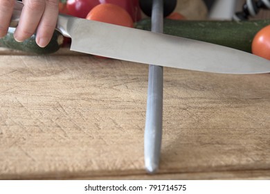 Knife On Honing Steel At 20 Degree Angle .