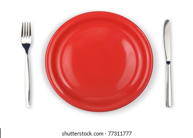 Knife, Red Plate And Fork Isolated