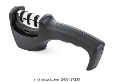 knife with sharpener on the table. Knife and knife sharpener on a white surface. Kitchen tools isolated on white background. Reversible manual knife sharpener.	 - Powered by Shutterstock