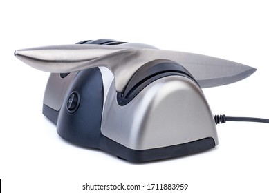 Knife Sharpening (Using Electrical Sharpener). White Background