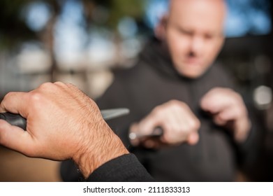 Knife Vs Knife Fight. Kapap Instructors Demonstrates Sombrada Drill Training Method. Weapon Disarm Training Technique Demonstration